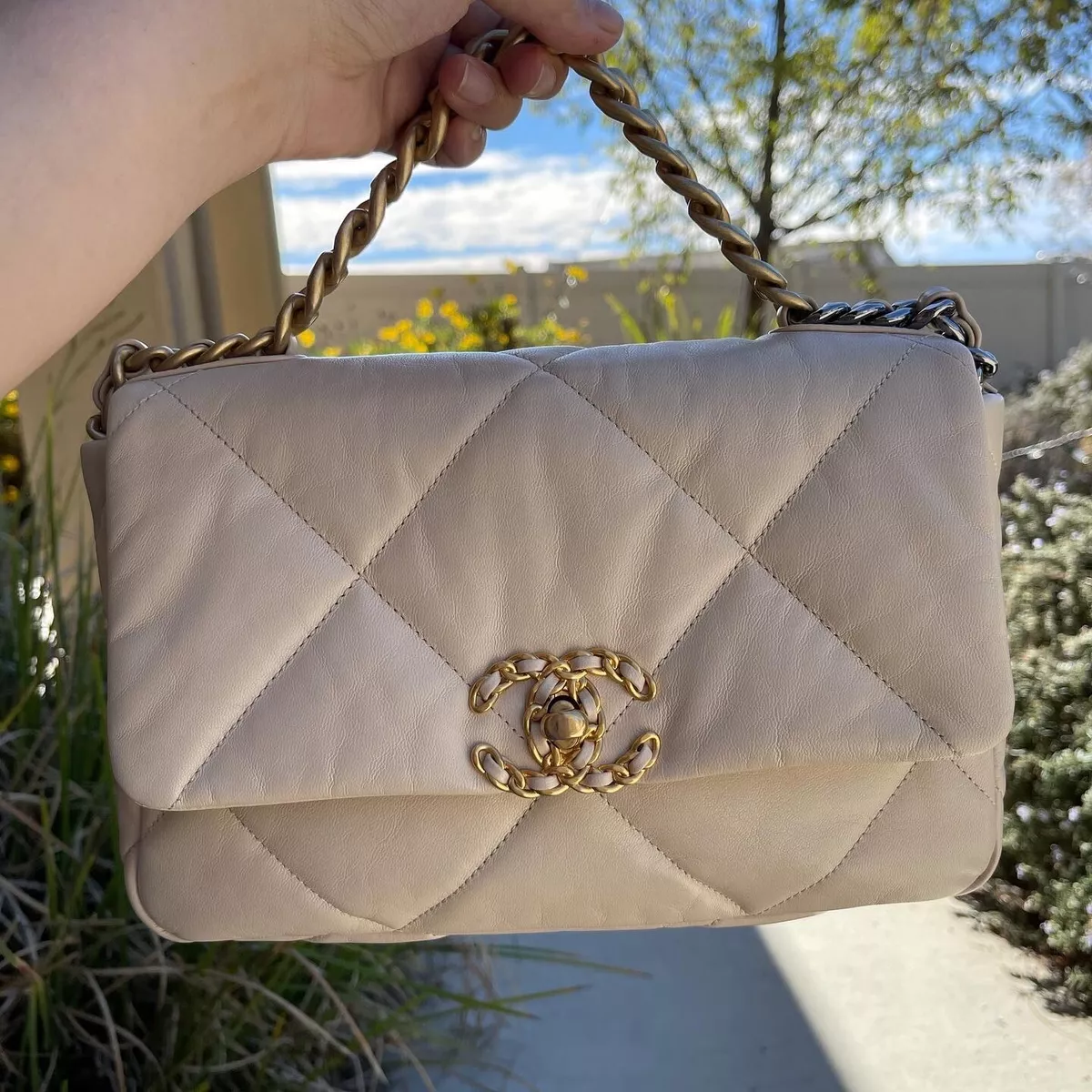 Used CHANEL 19 Small Flap Bag in Beige Goatskin Mix Hardware | eBay