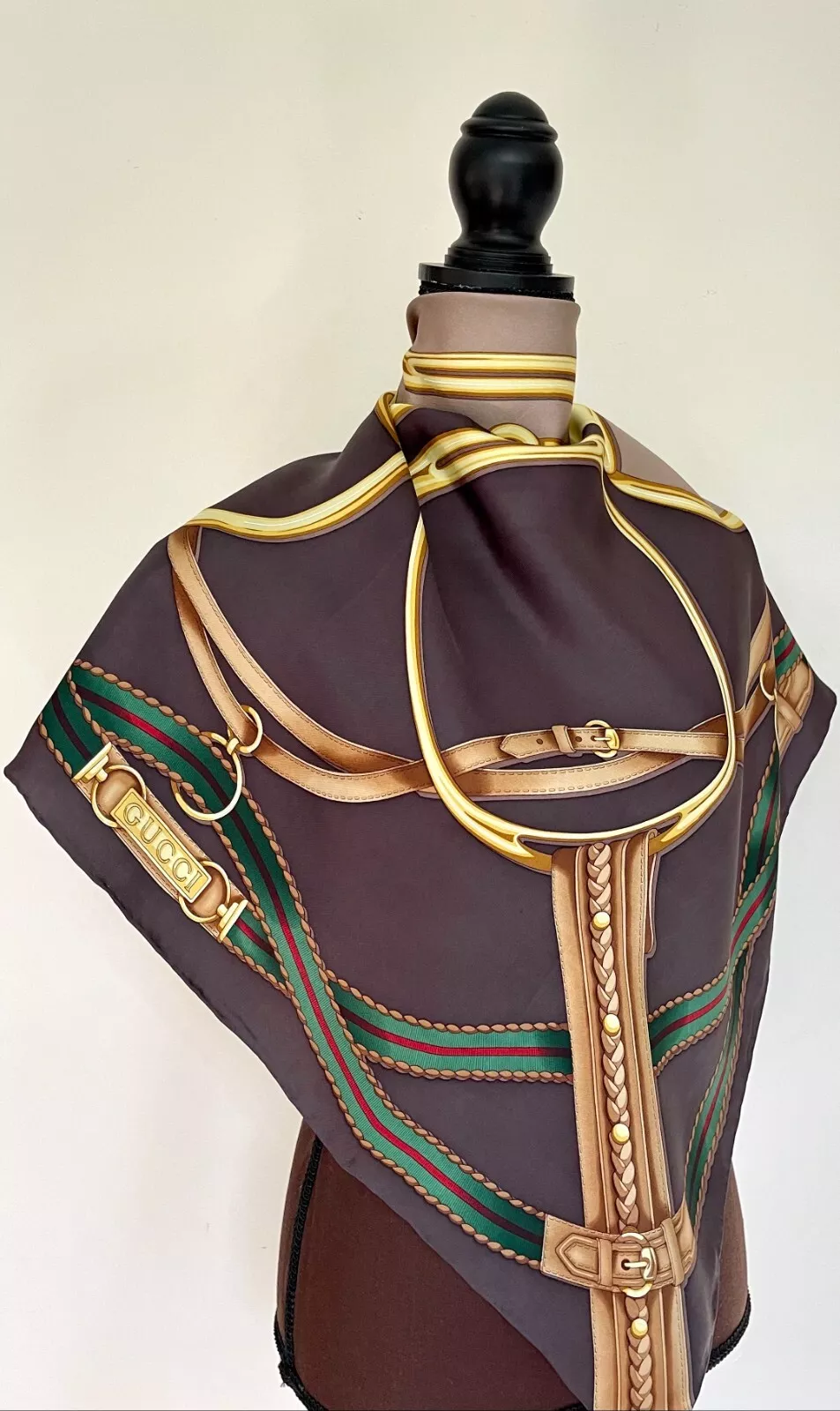 Écharpe Gucci neuve logo Horsebit équestre vert rouge marron beige soie wrap