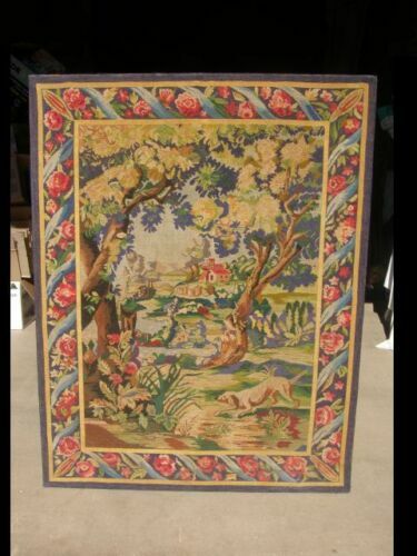 Toile de jute peinte scène de chasse médiéval vers 1950 par André