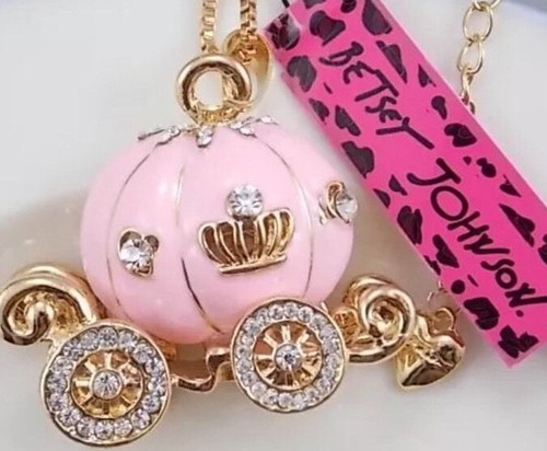 Betsey Johnson Necklace Carriage Pink Cinderella Princess Pumpkin Crystal - Picture 1 of 12