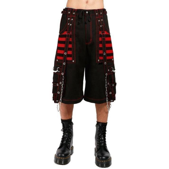 Men Gothic Cyber Chain Black Red Pants Thread Punk Bondage