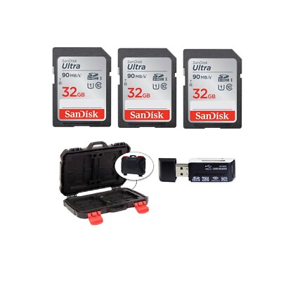 3 SanDisk 32GB Ultra SDHC UHS-I Memory Cards + Case + Card Reader