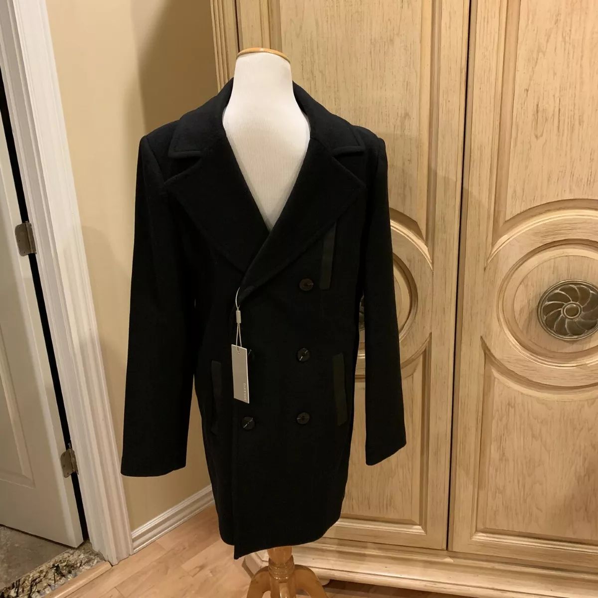 SOIA KYO Men s Calib Double Breasted Black Wool Cashmere Coat Size Large NWT