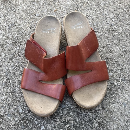 DANSKO Lacee Leather Platform Comfort Slide Sandals-Brown Sz 6.5 (37)- Hook/Loop