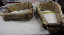 Western Horse Saddle Stirrups Rawhide Over Metal Sided Wood Roping Visalia
