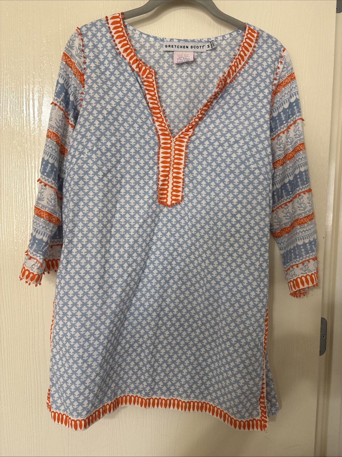 Gretchen Scott Blue White Orange Tunic Top - Size Small