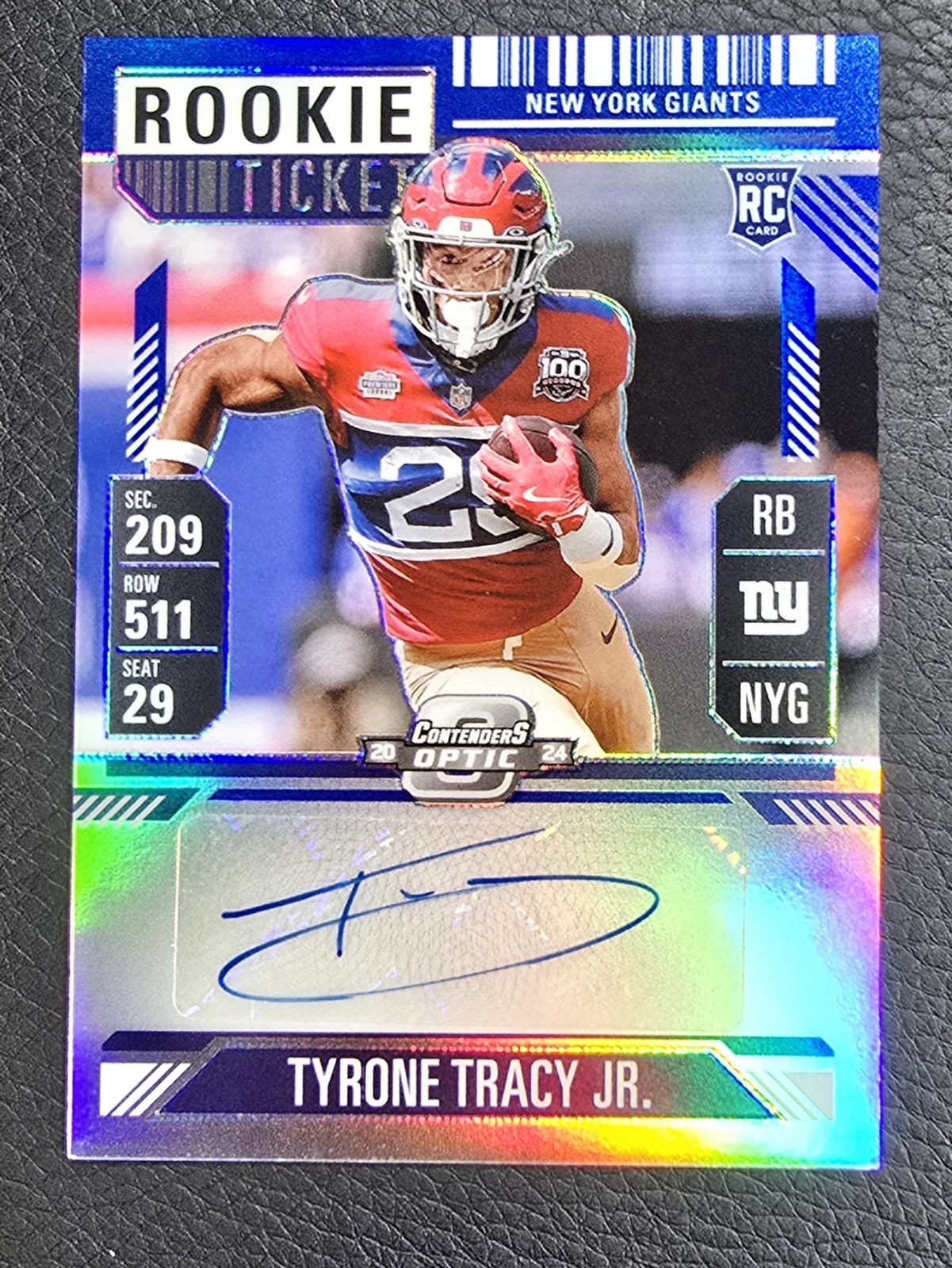 Tyrone Tracy Jr 2024 Contenders Optic #166 Rookie Ticket Auto Blue /75 (RC, AU)