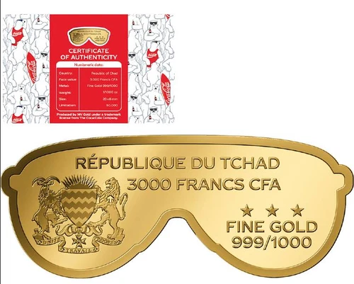 Occhiali da sole Coca Cola 1/1000 oz .999 oro in carta moneta 2023 - Foto 2 di 6