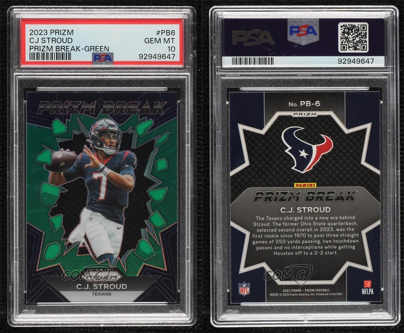 2023 Panini Prizm Break Green Prizm CJ Stroud #PB-6 PSA 10 GEM MT Rookie RC view 3