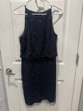 Adrianna Papell Navy Beaded Sleeveless Sheath Dress High Neck Size 8