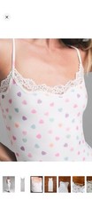 SKIMS Women  s Full Slip Nightgown Hearts Valentine Lace Trim White Multicolor S