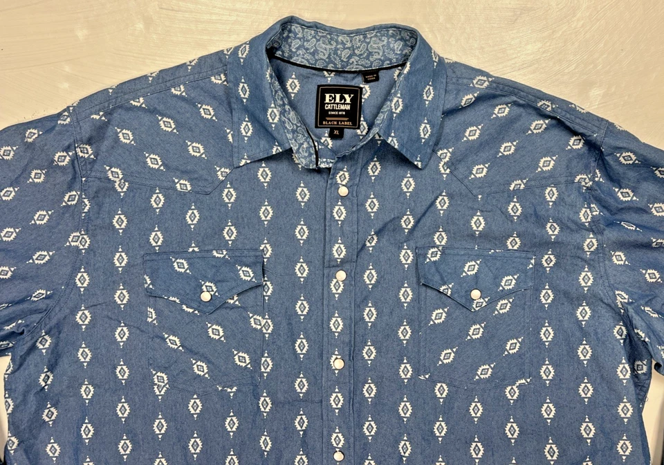 Camisa para hombre Ely Cattleman etiqueta negra talla XL azul perla a presión/blanco manga larga Foto 4 de 4
