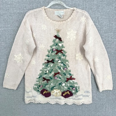 Vtg Casual Corner Sz L Pink Christmas Tree Angora Blend Sweater Cottage Coquette