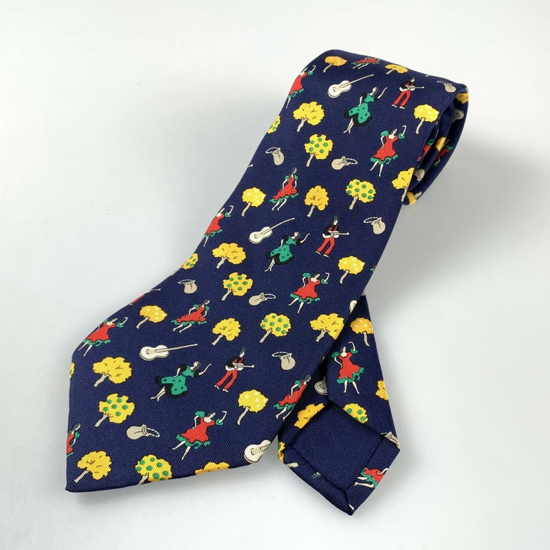 HERMES Men's Tie 7588 SA Flamenco Guitar Print Blue Silk France