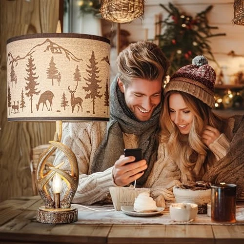 Antlers Style Table Lamp Set of 2 Rustic Bedside Lamp with Night Light Brown-3 - Image 4 of 4