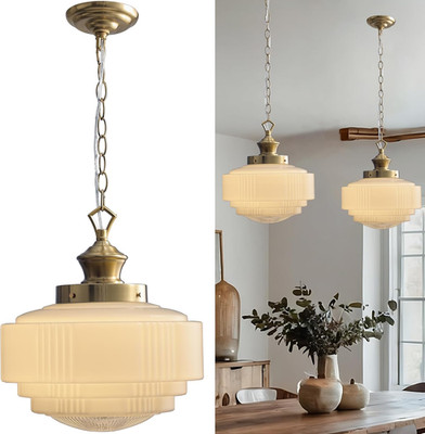 Vintage Milk Glass Pendant Light with Brass Finish, Adjustable Height Chandelier