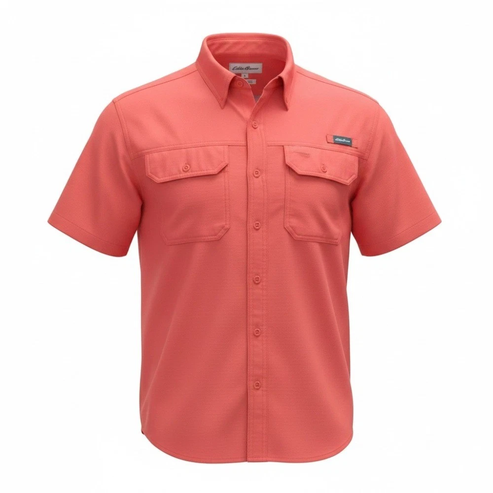 Eddie Bauer Men's Tech Shirt L Cayenne Red Short Sleeve Button Down Fishing NWT