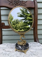 Vtg Heavy Brass Marble Ornate Art Nouveau Footed Swivel Swan Vanity Mirror 12