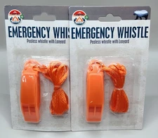 Emergency Whistle🟠 Pealess w/Lanyard (2 Pack) Outdoors/Hiking/Boating Safety