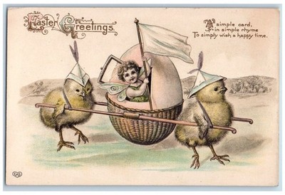 Easter Greetings Anthropomorphic Chick Basket Egg Angel Butterfly Wings Postcard