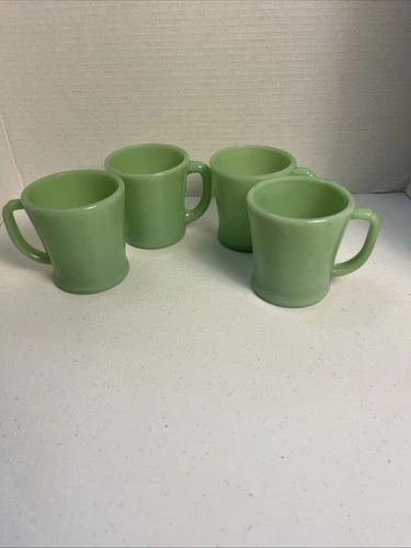 VTG Fire King Jadeite Green D Handle Mug Oven Ware Glass Coffee Cups Lot Of 4
