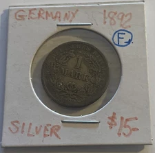 1892-F 1 Mark Silver Coin German Empire Germany