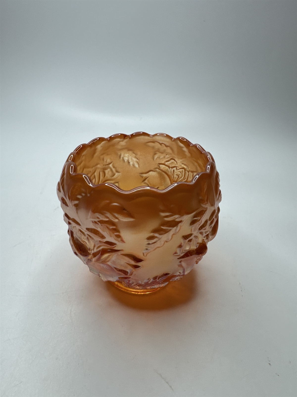 Vintage Dugan Wreath of Roses Marigold Carnival Glass Rose Bowl 3.5 Inches Tall