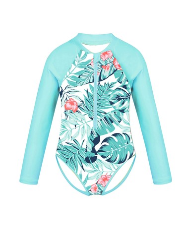Kids Girls One-piece Long Sleeves Swimsuits Palm Printed Zippered Bathing Suits - Picture 16 of 25