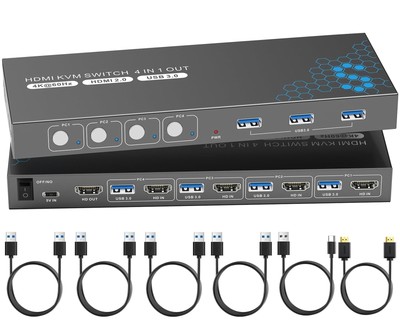 HDMI KVM Switch for 4 Computers 1 Monitor, 4K@60HZ KVM Switcher for 3 Compute...