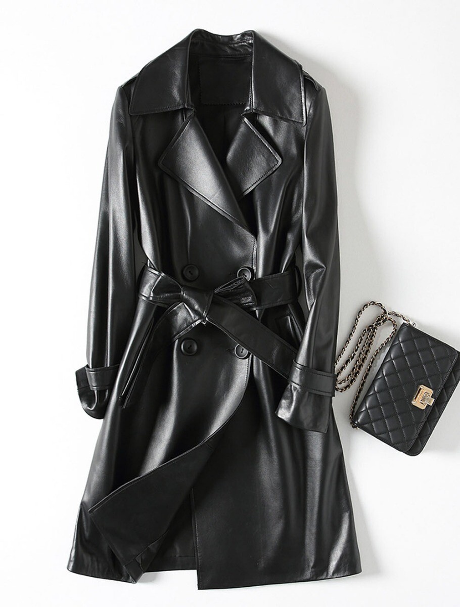 Custom Made to order faux leather Double-breasted Trench Coat plus