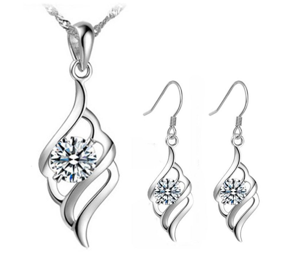 Silver Cubic Zirconia Crystal Angel Wing Pendant Drop Earrings Necklace Set Gift