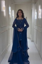 Fashionable Faux Georgette Blue Top And Palazzo With Dupatta For Reception Wear