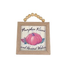 Wooden Sign  Pumpkin Kisses and Harvest Wishes  6  x 6  Wall Hanging Fall Decor