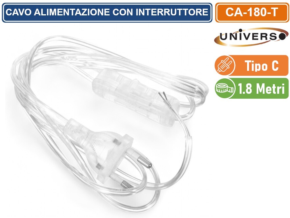CAVO DI ALIMENTAZIONE BIPOLARE 1.8 METRI CON INTERRUTTORE E SPINA EUROPEA TIPO C