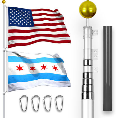 20 Ft Telescoping Flagpole Silver & American and Chicago Flags Spun 3x5 Ft