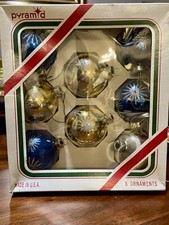 Vintage Pyramid Christmas Tree Ornaments 8 Glass Bulbs Made In USA Blue Gold Red