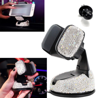 White Rhinestone Phone Holder Air Vent Clip W/Suction Cup Base DJC A2
