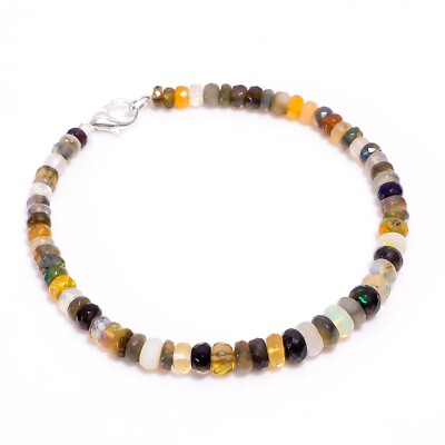 28.95 Ct Multi Ethiopian Opal Gemstone Rondelle Faceted Beads Bracelet 8'' A-3503