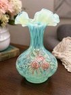 Fenton 1996 Aqua Opalescent Hand Painted Floral 8” Vase Signed #1855