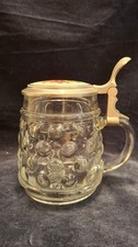 Vintage Bierkrug Glas Noppenkrug mit Zinndeckel & Blumen-Porzellanmedaillon &ndash; To
