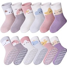 6 Pairs Baby Girls Non Slip Crew Socks Grips Socks for Infants 1-3T Animal