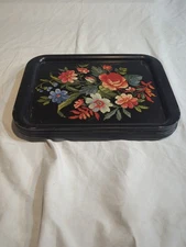Set 7 Vintage Black Metal Toleware Trays Floral Cross Stitch Design 12.75”x17.5”