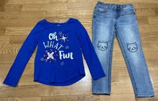 Girl's Gymboree & Cat & Jack Outfit Size 5 - "Oh What Fun" Blue Top w/Jeans EUC
