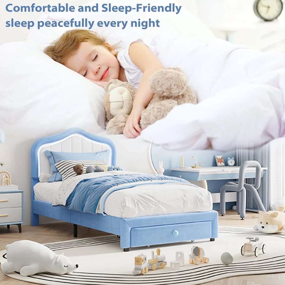 Marco de cama tapizado para niños con cabecero LED y cajón Foto 4 de 4