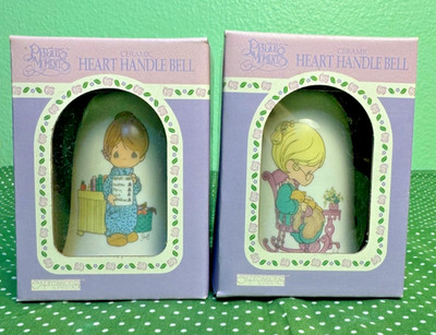 2x NIP Vtg Precious Moments Heart Handle Bells 1994 Enesco Knit Boy Girl