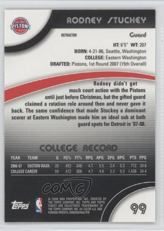2007-08 Topps Finest Refractor Rodney Stuckey #99 Rookie RC - Image 2 of 2