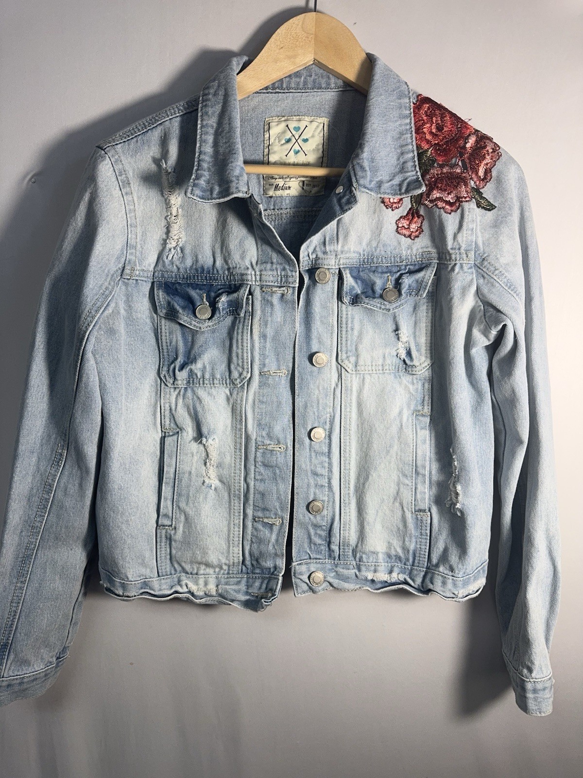 Cropped Embroidered Denim Jacket Womens Medium Boho Floral Festival