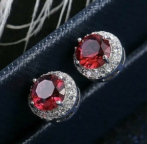 Authentic 4 CT Round Cut Red Garnet Lab Created Stud Earrings 14K White Gold Plated