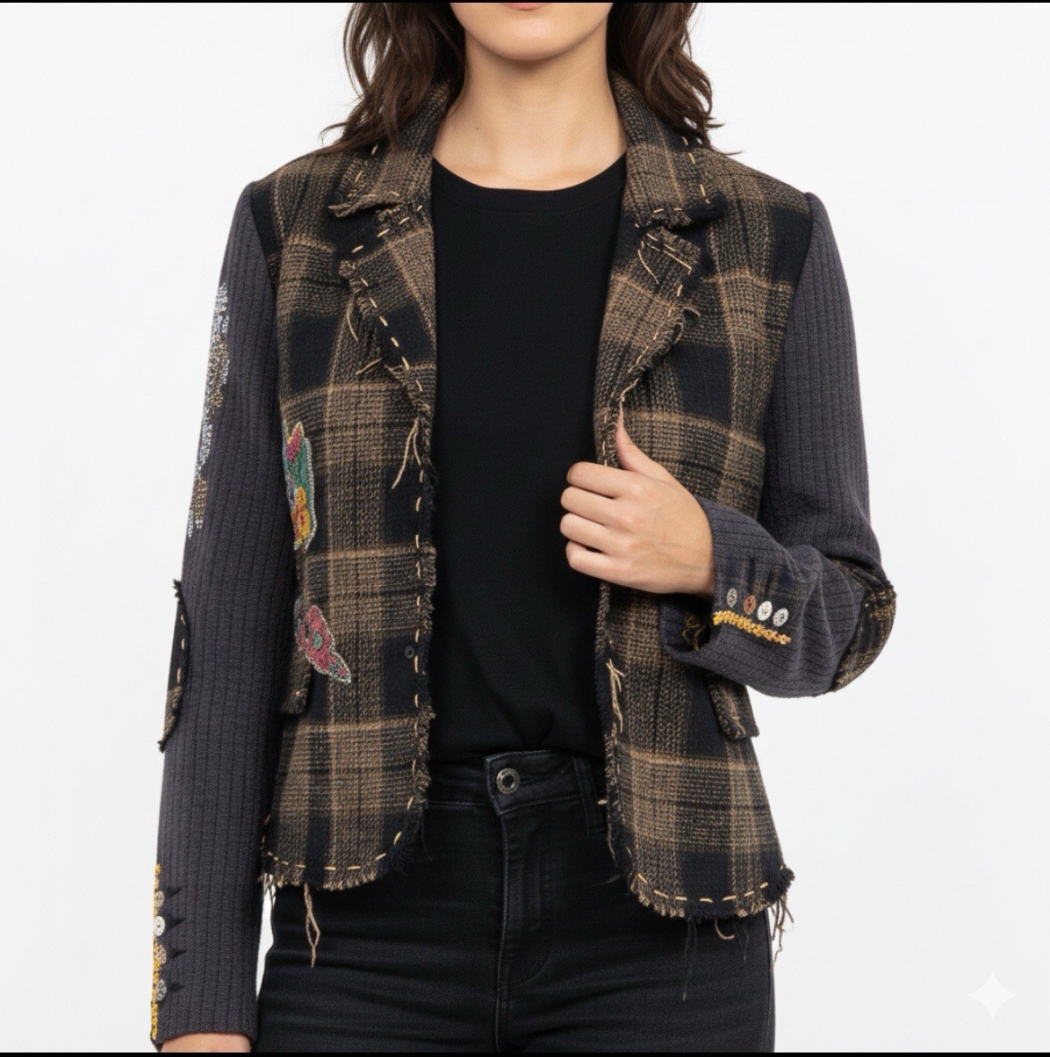 RAW 7 Wool Jacket Blazer Plaid Patchwork Appliqué… - image 3