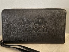 COACH Black Leather Horse and Carriage Large Phone Wallet Wristlet/ Gold/ Strap